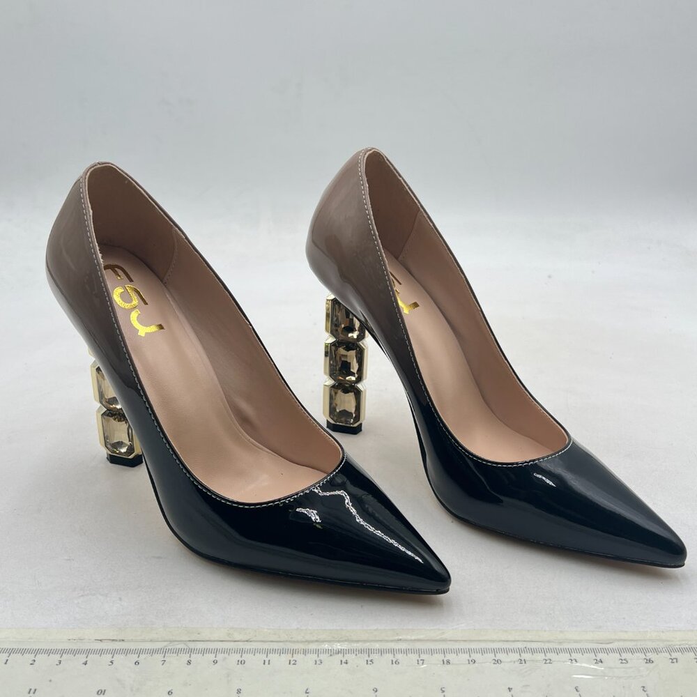 FSJ Black Patent Pointed Toe Pumps with Gold Crystal Block Heel